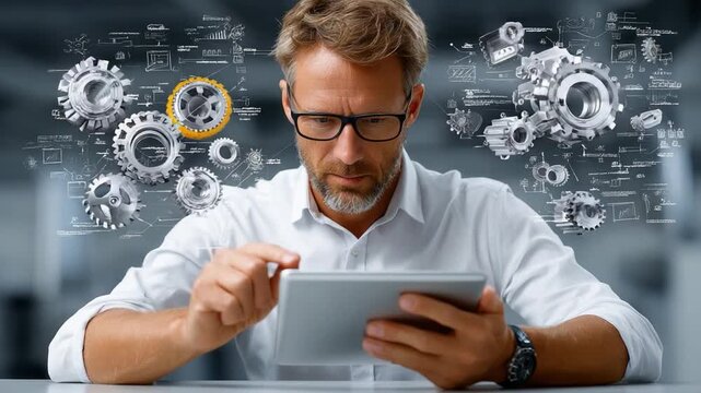 Technological Innovation: A focused professional, clad in a crisp white shirt, intensely studies a tablet while surrounded by abstract digital gears and blueprints.