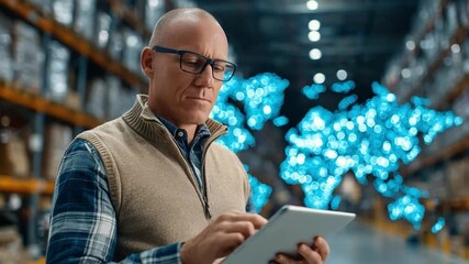 Global Logistics: A focused worker, using a tablet, stands amidst a warehouse, with a digital world map indicating worldwide operations, symbolizing global logistics and international trade. - Powered by Adobe