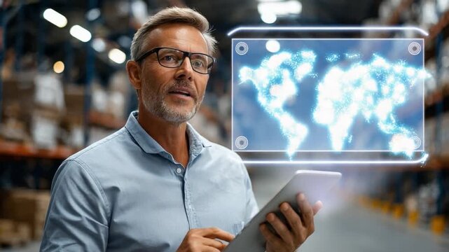 Global Supply Chain Management: An executive uses a digital tablet,  overseeing a worldwide supply chain, illustrating a warehouse full of inventory and a digital world map.