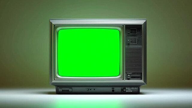 Retro technology green screen television from 1980s and 1990s exploring computer evolution and media formats in a vintage setting