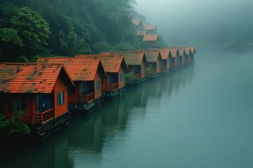 Naklejka premium Floating wooden cottages along a misty lake in a serene and tranquil setting at dawn