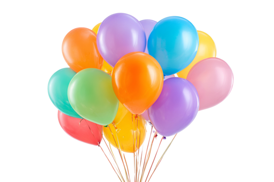 A vibrant bouquet of colorful helium balloons floating against a stark black background