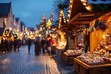 Traditional European Christmas Market Stall at Night with Festive Lights