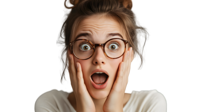 Shocked young woman with glasses expressing surprise and holding her face in disbelief against a conveying strong emotion and astonishment