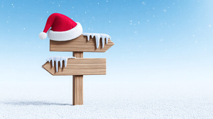 Fototapeta premium Wooden signpost with snow and icicles, topped with a festive red Santa hat, against a serene winter landscape, creating a cheerful holiday atmosphere