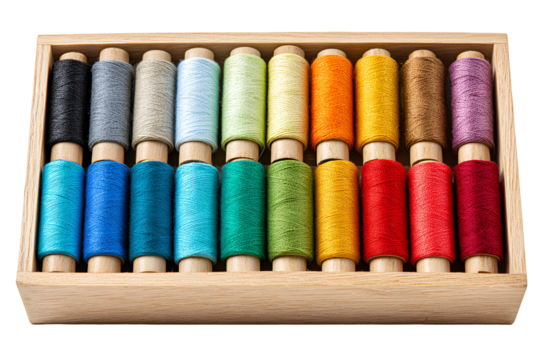 A wooden box filled with colorful spools of thread for sewing and crafting