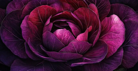 Obraz premium A close-up macro of a deep purple cabbage with layered, textured leaves resembling a rose