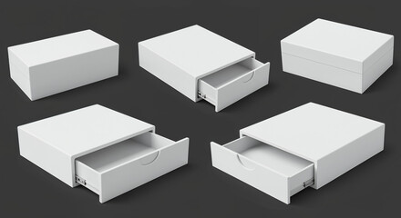 Collection of white drawer boxes in various open and closed positions image photo