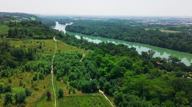 Drone flying over Pech David Hill in Toulouse France, View on cable car.