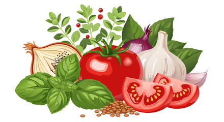 Fresh vibrant cooking ingredients illustration featuring ripe organic tomatoes, aromatic basil, oregano, garlic, and red onion, ideal for healthy culinary recipes