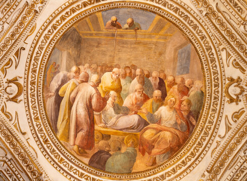 SALERNO, ITALY - OCTOBER 6, 2025: The ceiling fresco of Jesus heals the paralytic lowered down through the roof in the crypt of Cathedral of St. Matthew by Belisario Corenzio (1558&ndash;1646)