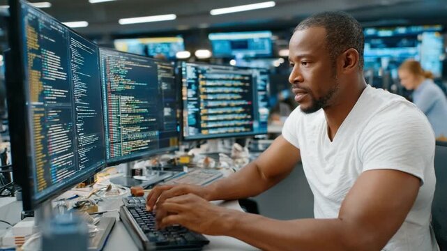 Coding in Focus: A concentrated programmer meticulously types code on a keyboard, flanked by multiple computer screens displaying complex programming language