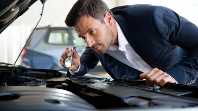 Expert inspecting car engine with flashlight before purchase, professional vehicle check for hidden damage, auto selection assistance for buyers