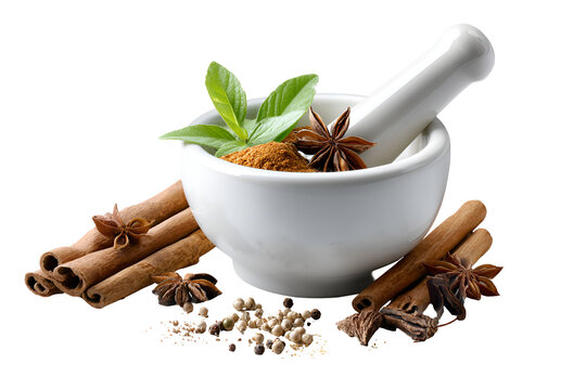 Mortar and pestle with cinnamon sticks star anise and peppercorns for herbal remedies
