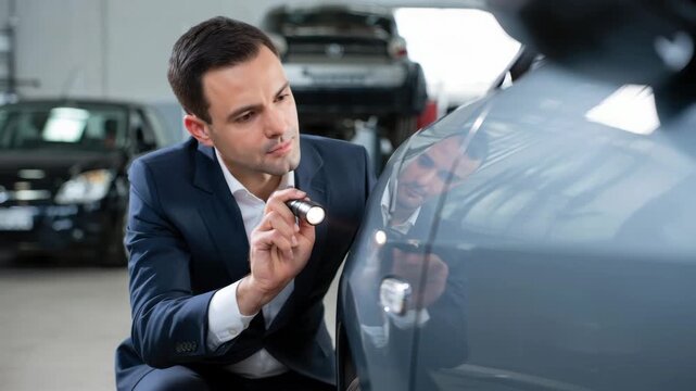 Professional car inspector examining vehicle surface with flashlight before purchase, auto checkup service in dealership or garage