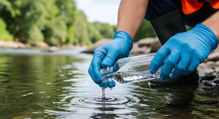 Water quality testing: Scientist collecting water sample from a river for analysis..