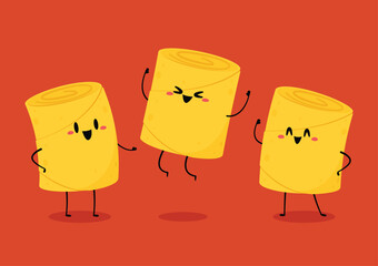 Spring rolls flat vector illustration clipart isolated on red background. Spring rolls character cartoon vector.