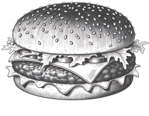 Detailed black and white sketch of a delicious stacked hamburger with cheese and lettuce