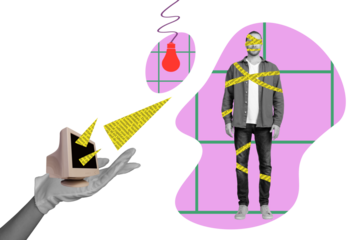 Trend composite sketch template 3D photo collage of idea lamp jigsaw hand hold computer monitor propaganda young man stand brainwashing