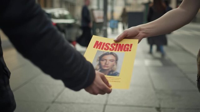 Close-up of hands holding missing person flyer on city street, search notice exchange, urgent help request in urban environment