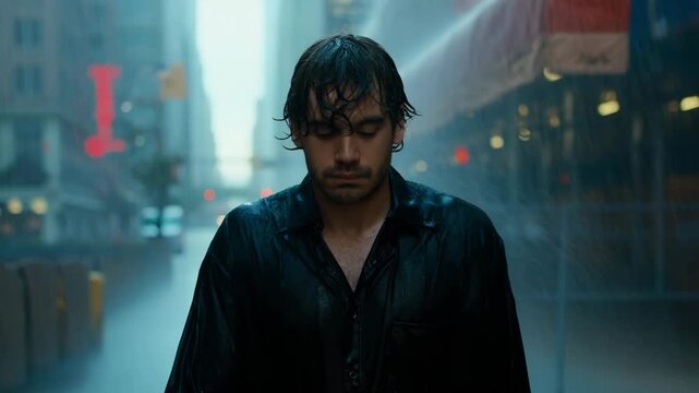 Sad man walking alone in heavy rain on empty city street, emotional cinematic scene, urban solitude and depression atmosphere, dramatic rainy evening mood