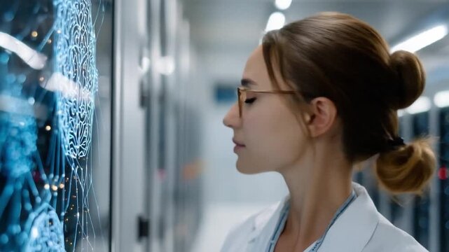 Scientific Gaze: A dedicated female scientist, focused intently, stands within a cutting-edge server room, meticulously analyzing a digital display.