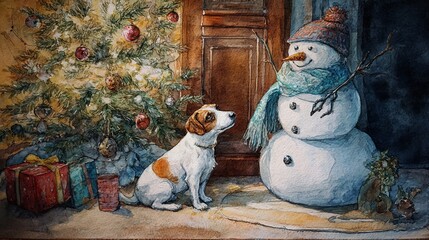 A fairy tale friendship between a snowman and a cute puppy