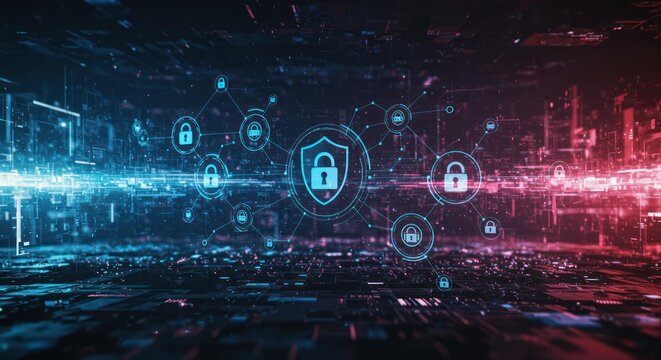 Cybersecurity technology background with lock shield icons network.