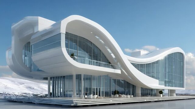 Architectural Marvel: A Modernist Masterpiece Soars Against a Clear Sky, showcasing flowing lines, expansive glass, and a bold design.
