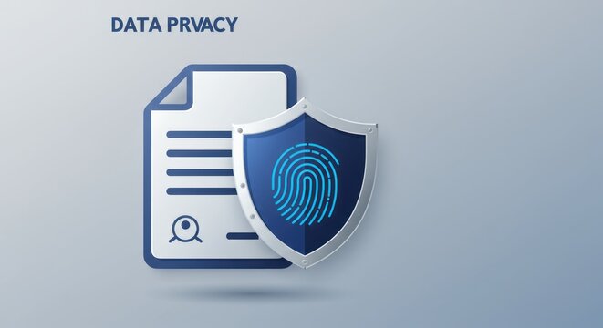 Data protection icon with fingerprint and document on gray