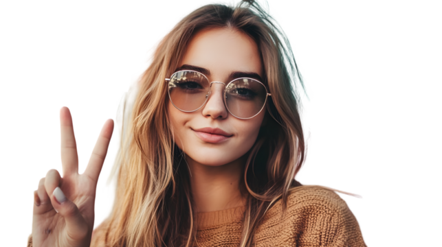 Smiling young woman with long blonde hair wearing sunglasses making a peace sign against a expressing positivity and a carefree attitude