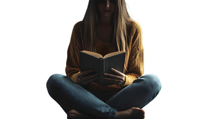 Woman engrossed in reading a book while sitting crosslegged in a cozy and dimly lit room creating a peaceful and intellectual atmosphere at home