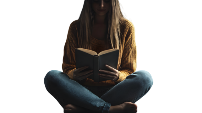 Woman engrossed in reading a book while sitting crosslegged in a cozy and dimly lit room creating a peaceful and intellectual atmosphere at home
