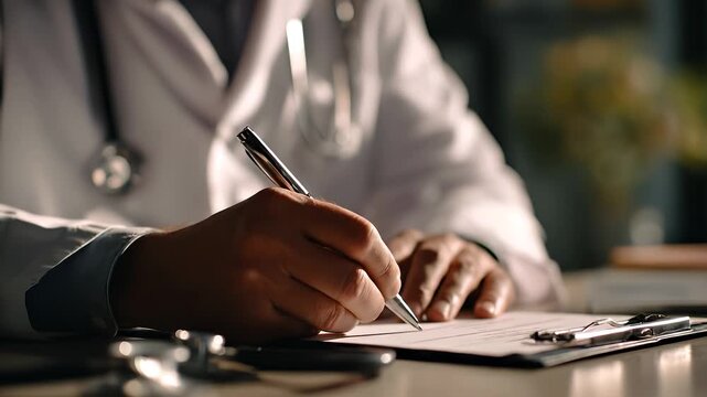 A doctor holds a pen above a clipboard while preparing to take notes. The diligent doctor focuses on the important details, ensuring each note is carefully recorded.