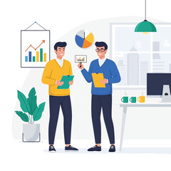 Two businessmen discussing charts and graphs in an office setting.