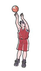 バスケットボールのシュートをする赤いウェアを着た男の子のイラスト