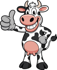 Happy cartoon cow giving thumbs up, cheerful dairy farm animal mascot illustration with black and white spots, funny smiling character