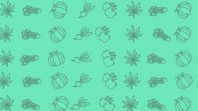 Seamless outline pattern featuring a variety of common vegetables and botanical elements, creating a fresh and vibrant repeating design for digital backgrounds or textile prints