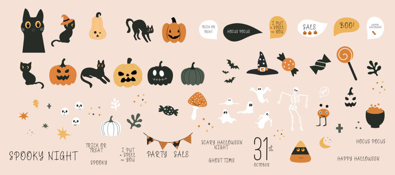  Set of Halloween illustration images Design elements for Halloween celebrations, witch hats, cats, pumpkins, skeletons and much more