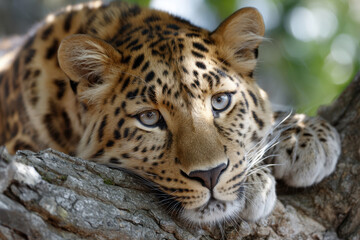Obraz premium Leopard resting on a tree branch in a lush environment during daytime