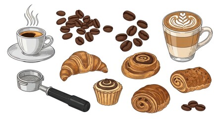 Coffee and pastry assortment on white background, colorful vector art