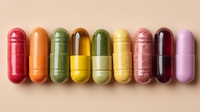 Colorful pharmaceutical capsules and pills arranged in row on beige background, showcasing variety of supplements, medications, and vitamins for health concept.