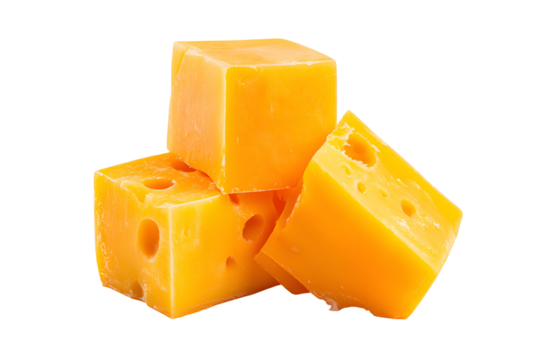 Three golden yellow cheese cubes with holes stacked against a black background