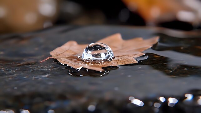 Crystal clear water droplet resting on autumn maple leaf floating in dark water, showcasing nature's delicate balance and seasonal transition.