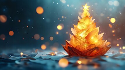 Glowing autumn leaf shaped like Christmas tree floating on water surface with magical bokeh lights in dark blue background.