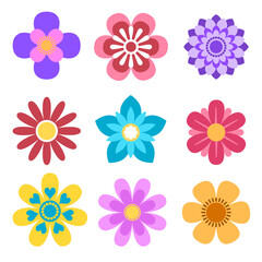 Colorful flower vector illustration with nine different floral designs in bright pink, purple, blue, yellow, and orange shades creating cheerful and decorative pattern for creative projects