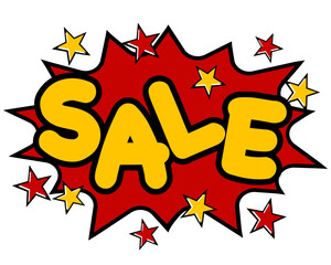 Sale text with starburst background vector illustration in bright yellow and red colors creating eye catching design for promotion and advertising purposes