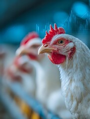 White chicken with bright red comb against blue background with stock market chart overlay, symbolizing poultry industry economic trends.