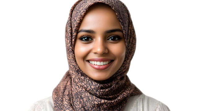 Beautiful smiling muslim woman wearing a hijab looking directly at the camera with a warm and inviting expression perfect for diverse representation