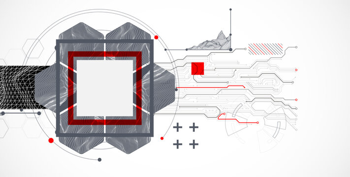 Abstract composition with wireframe mountains, geometric hexagons, dots, and lines.